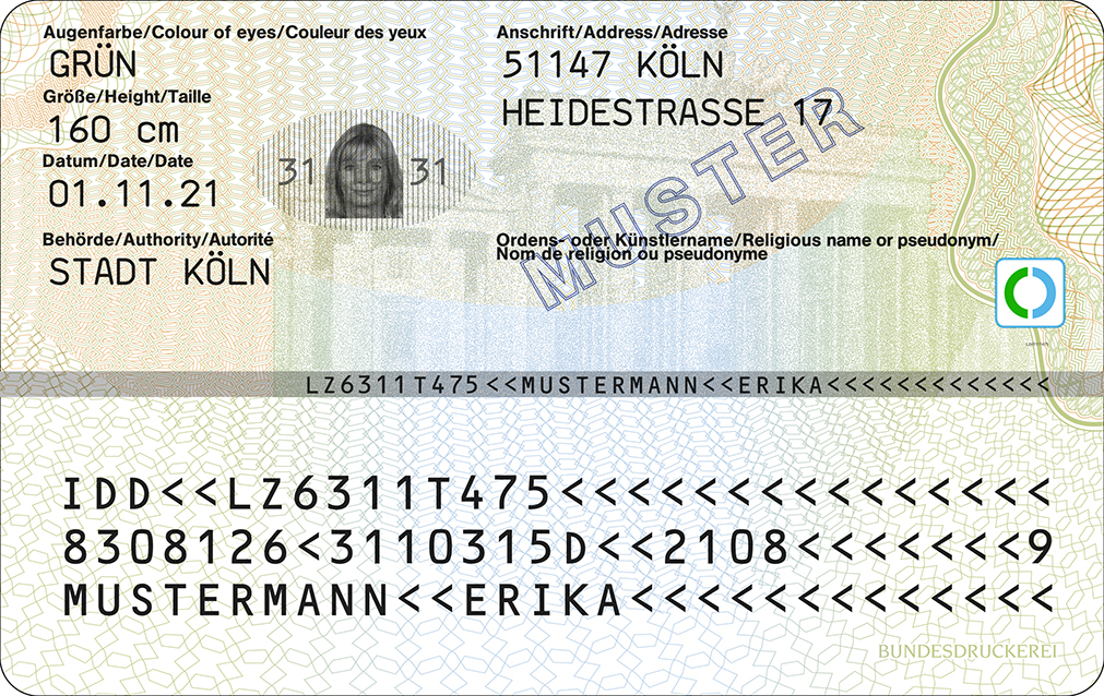 Beispiel eines Personalausweises mit Adresse